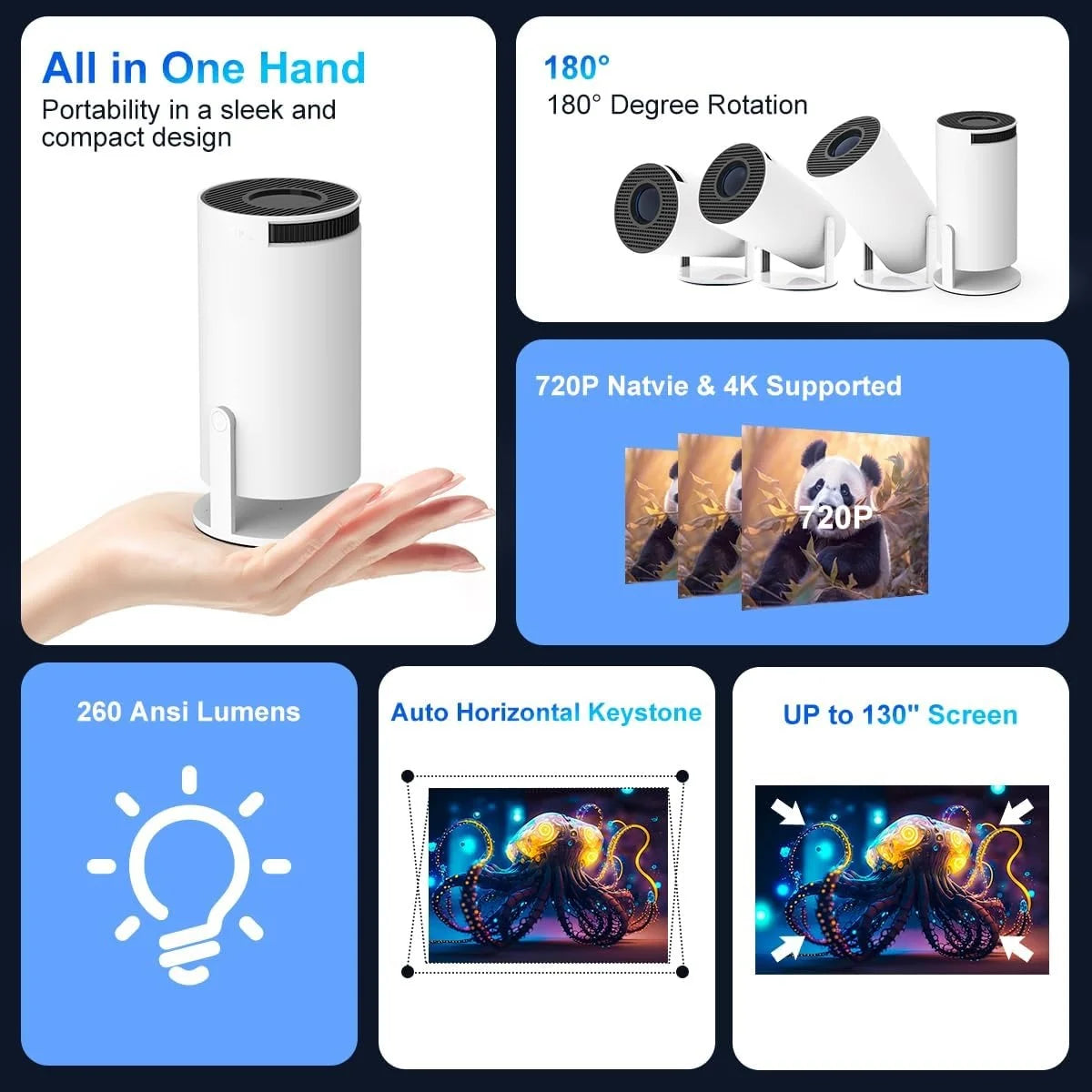 Mini Portable Projector, Projector 4K 1080P Support with 180°Adjustable Stand, Home Video Projector Compatible for Laptop, PC, Smartphone